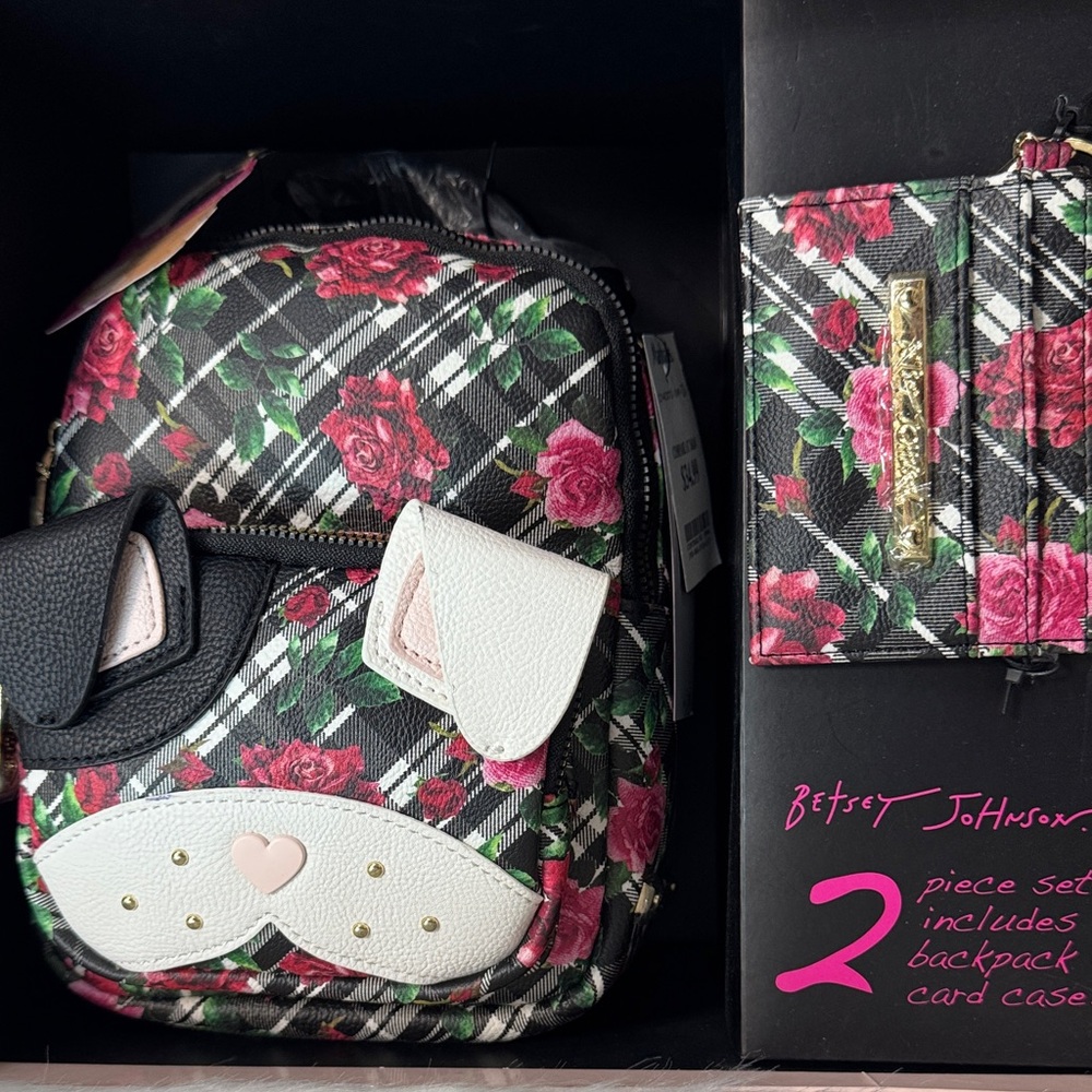 Betsey Johnson Black and Pink Rose Plaid Puppy Backpack Set